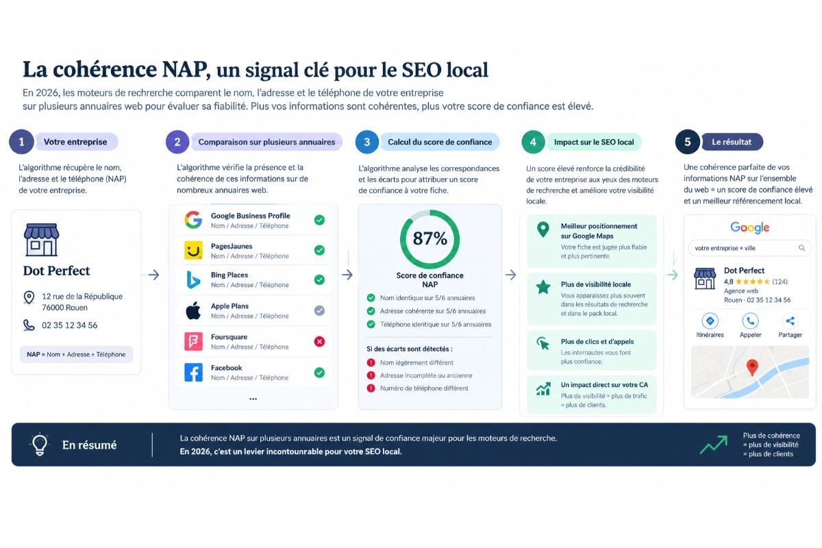 Schéma illustrant l'impact algorithmique de la cohérence NAP (Nom, Adresse, Téléphone) pour le SEO local en 2026.