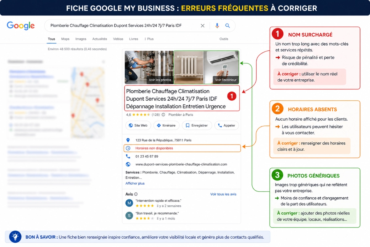 Annotated Google Business Profile showing common mistakes to fix.