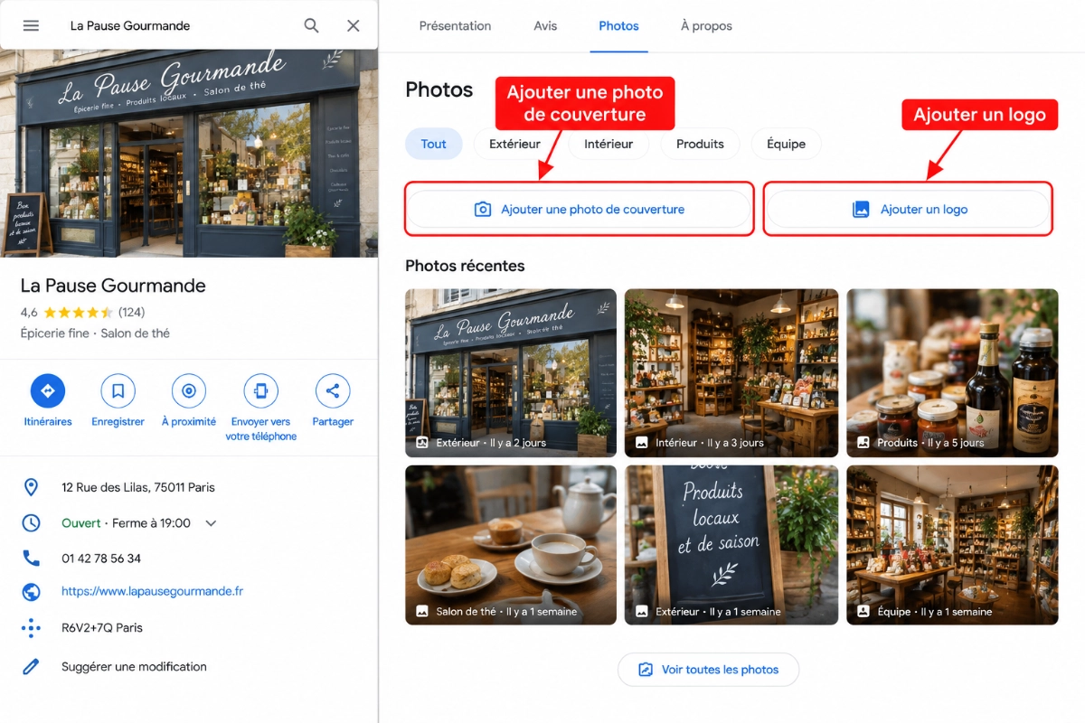 Photos tab on a Google Maps business listing showing where to add a cover photo and a logo